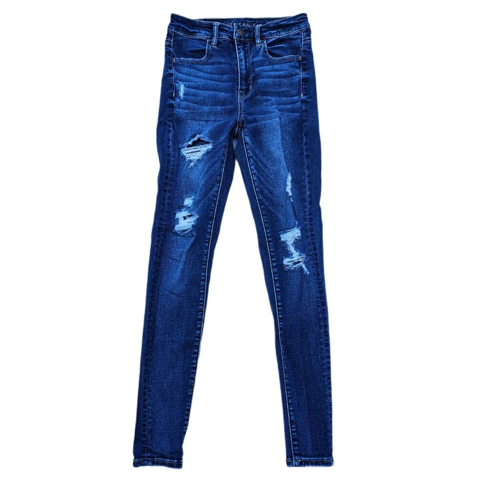 AE Size 2 Jeans Dark Stretch Distressed Denim Super High Rise Skinny Jegging